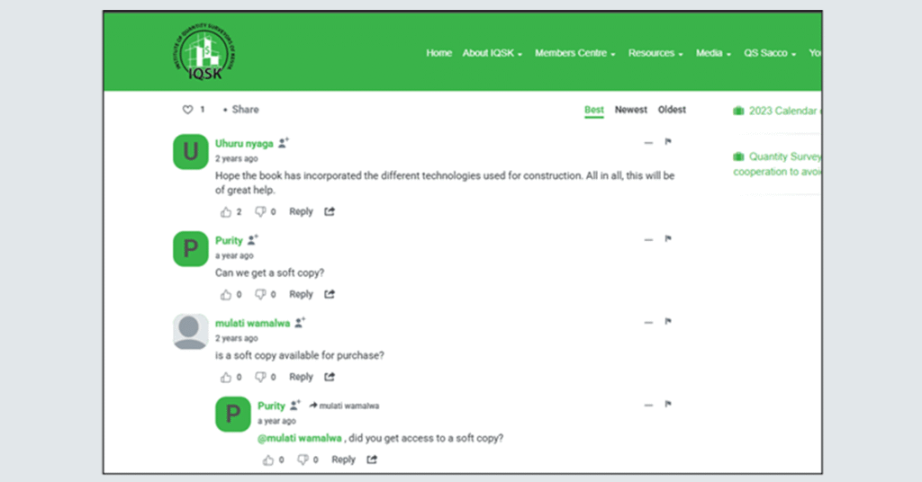 A screenshot showing comments on the IQSK website with users expressing interest in a digital cost handbook.